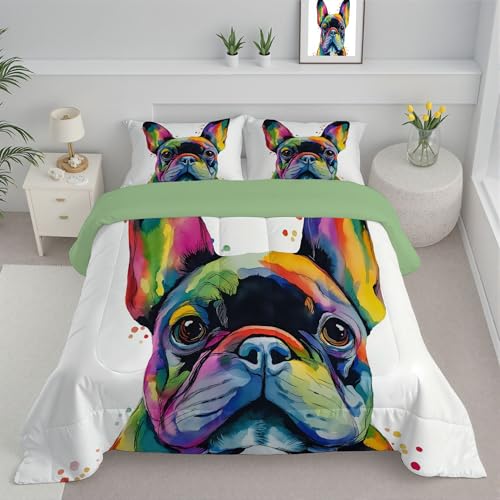 JEDTAKCT Edredón Nórdico Bulldog Arcoíris Estampado Cama 105, Edredón De Animales De Acuarela Reversible Transpirable Tacto Pluma, 200X200Cm, Acolchado Suave para Otoño Invierno, Verde Azulado
