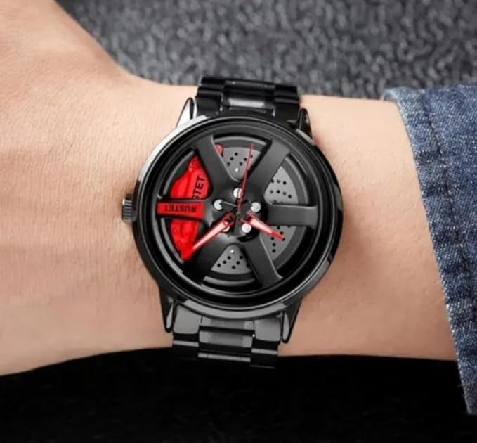 Image of Gyro Men's Black Dial Analogue Watch New Wheel Spinning Creative Fashion League Fans Butterfly Double Snap Gift Wrist Watch (Red,5)