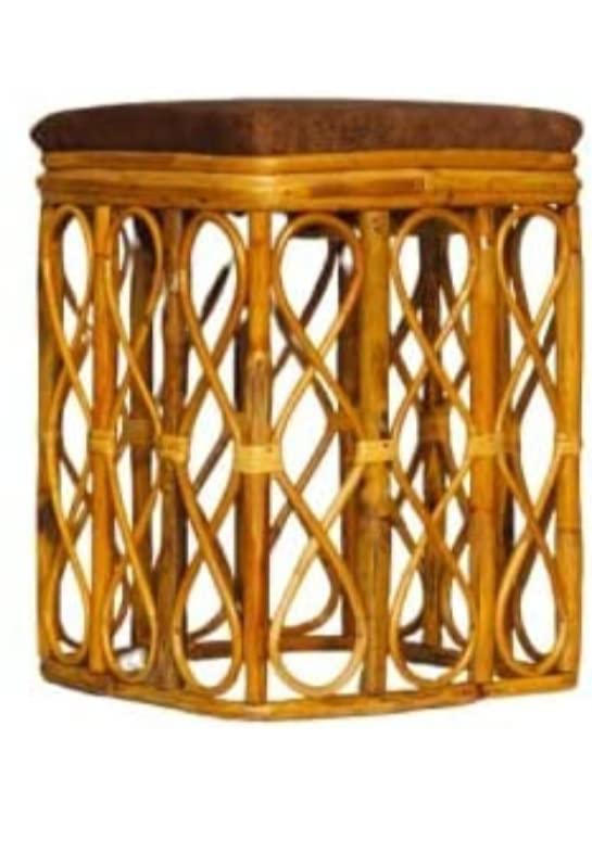 Image of CANE CRAFTS Bamboo Cane Stool Mudda | for Home, Dining Room, Bedroom, Outdoor & Garden | Dust Free | Handmade Natural Cane, Varnish Brown (Set of 2) with Cushion (Square)