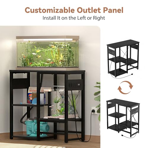 Image of GRLEAF 5-10 Gallon Fish Tank Stand with Power Outlets, 4 Tier Metal Aquarium Stand with Wood Storage Shelves, 20.3 inch L x 10.6 inch W x 30.3 inch H Turtle Reptile Fish Tank Table Aquarium Table - Black