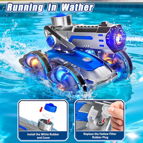 Image of Amphibious RC Stunt Car with Water Gun Lights Waterproof Pool Toy for Kids | 2 in 1 amphibious remote control stunt car, runs smoothly on land & water, works as waterproof rc boat for pool & beach play