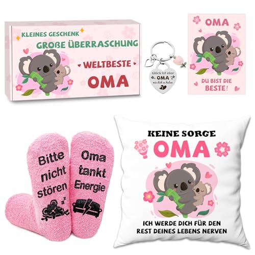 LOYEBOHU Oma Geschenk Oma Geschenk zum Geburtstag Muttertag Weihnachten Beste Oma Weihnachtsgeschenke Muttertagsgeschenk Geburtstagsgeschenk (Kissenbezug + Socken + Schlüsselanhänger + Karte)