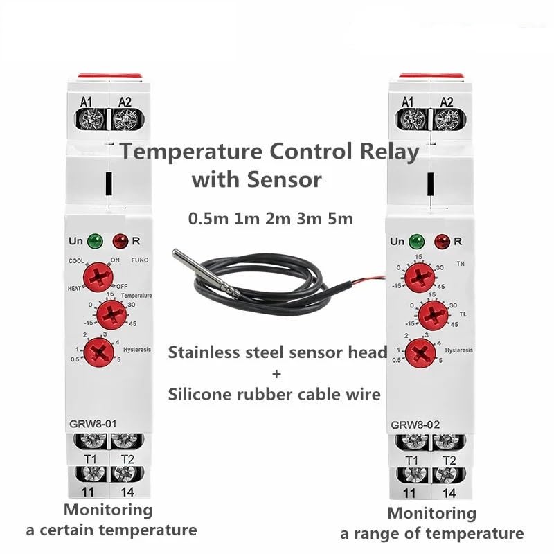 GRW8-01/02 Din Rail Temperature Control Relay 16A AC/DC24-240V NTC Sensor Heating & Cooling 1pcs(GRW8-01-2m Sensor)