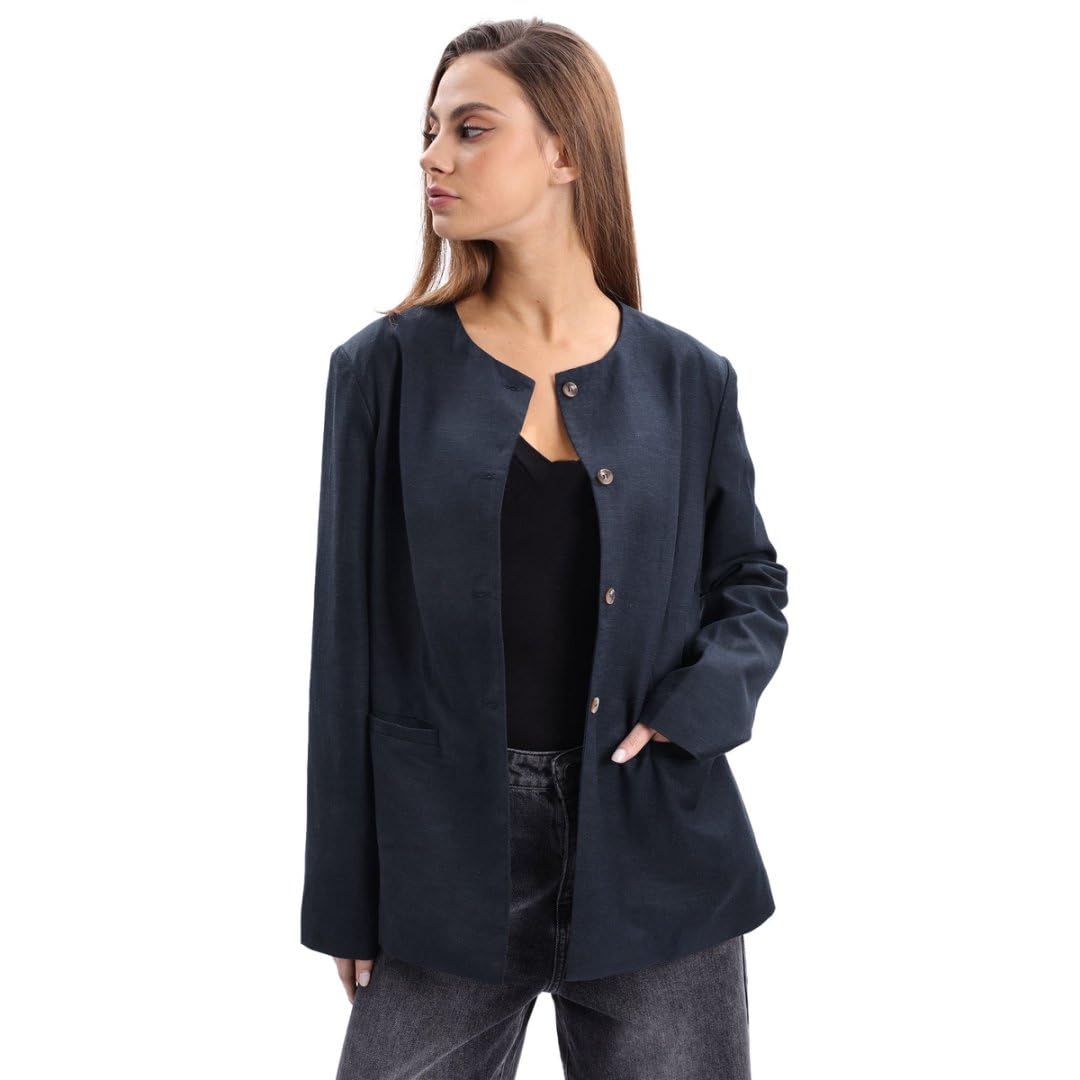Amazhiyu Womens Linen Blend Round Neck Button Up Blazers Long Sleeve Coat Office