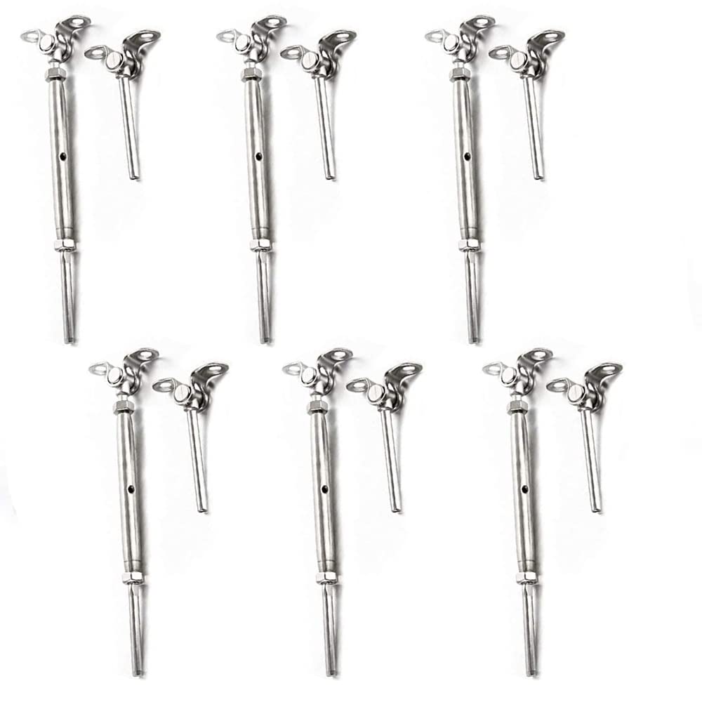 Confezione da 6 corredi per cavi in acciaio inox, montaggio 3/16" cavo in acciaio inox, tenditore a levetta e estremità per ringhiera sul ponte, regolabile a 180°