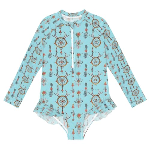Antler-Shaped Dreamcatcher Girls Long Sleeve Swimsuits One Piece Zipper Bathing Suit UPF 50+ Rashguard Swimwear