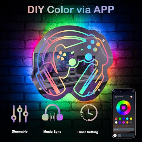 Image of Gaming Neon Sign Smart Mirror LED Light with APP Control and Music Sync Color-Changing Gamer Wall Sign for Game Room Bedroom Man Cave Cool Game Gifts for Teens and Players