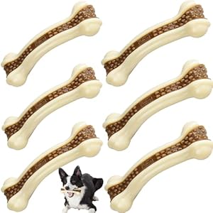 Dog Bones Chew Toys for Aggressive Chewers, 6 Pack Real Beef Flavor,Indestructible Dog Teething Chew Toys for Large/Medium/Small Puppies Breed,Tough Pet Toy with Nylon