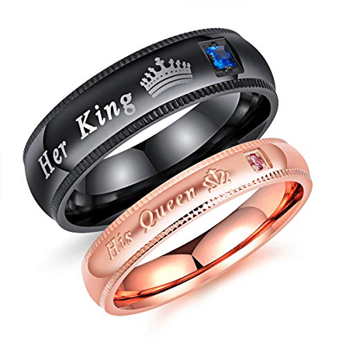 Fate Love Jewelry 2Pcs Matching Set Stainless Her Queen & His King Black/Rose Gold Couple Rings Bands, Love Gift
