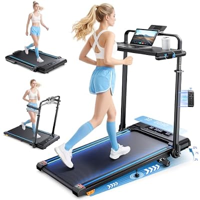 3.0HP Walking Pad Treadmill with Incline 2%-7%-12%, 6 in 1 Foldable Treadmill for Home with Removable Desk, Adjustable Handle Bar, RGB Lights, LED Display, Remote&APP Control (Blue)