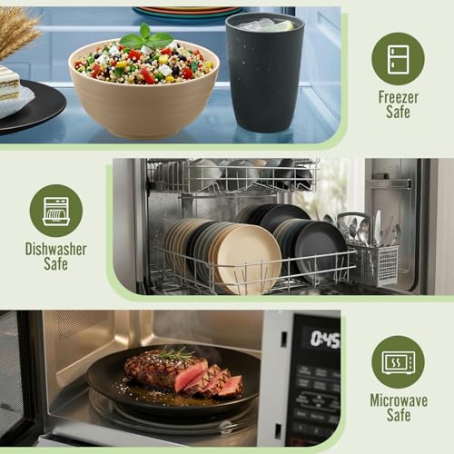 Image of 40 PCS Wheat Straw Dinnerware Set | Service for 8 Plastic Dishes Set Unbreakable Plates and Bowls Sets, Drinking Glasses, Dishwasher and Microwave Safe Dish Set for KItchen - Gray Stone