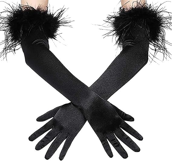 ALUNME Feather Gloves Satin Opera Evening Elbow 1920s Gloves Wedding Women Halloween Costume, black