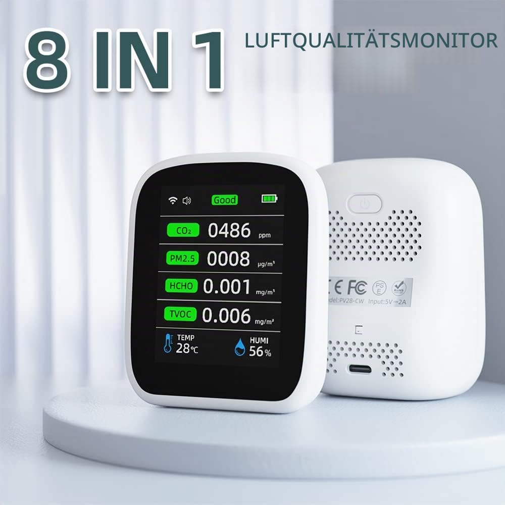 Irfora Tuya WiFi Tragbares Luftqualitätsmessgerät 8in1 PM1.0 PM2.5 PM10 CO2 TVOC HCHO Temperatur- und Feuchtigkeitstester LCD-Farbbildschirm Kohlendioxiddetektor mit Zeit- und Datumsanzeigefunktion