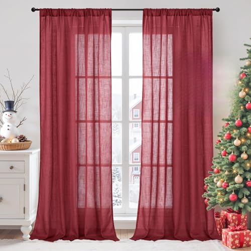 Image of BGment Burgundy Curtains for Living Room 84 Inches Long 2 Panels Set, Linen Window Drapes Semi Sheer Light Filtering with Rod Pocket for Bedroom Dining Decor Lightweight, 52 X 84 Inch