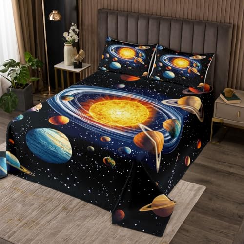 Colorful Space Quilts Set,Rainbow Colors Kids Boys Girls Planet 3Pcs Bedspread Coverlet Set,Earth Planets Stars Theme Coverlet Bedspread,Galaxy Sky Bedspread Coverlet with 2 Pillowshams (Queen Size)