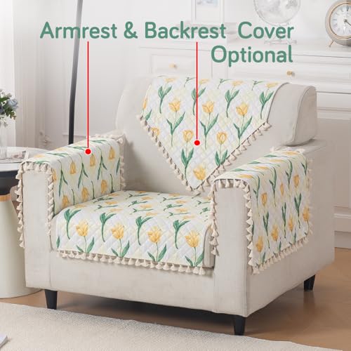 Image of HOKIPO Tulip Blossom Quilted Sofa Cover Mat with Tassels for 1 Seater 'Tassel Twigs' Series (IN-982-T4)