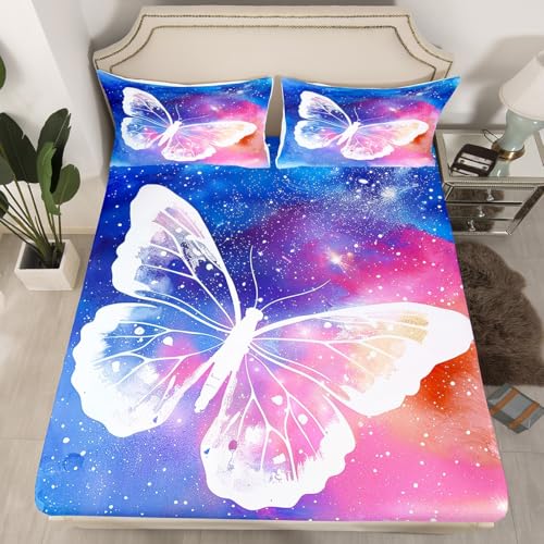 Image of White Butterfly Bed Sheet Set Kids Watercolor Galaxy Sheets Set 4pc Butterfly Wings Microfiber Soft Bedding Set,1 Flat Sheet,1 Deep Pocket Fitted Sheet,2 Pillow Cases(Queen Size)
