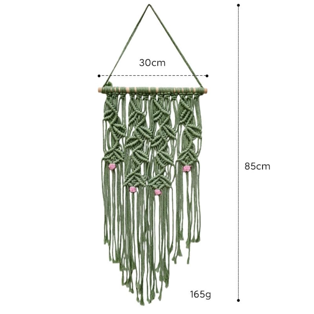 Arazzo da parete in macramè in corda di cotone, 85 x 30 cm, stile boho, con asta di legno, decorazione da parete per camera da letto, soggiorno, appartamento, tenda da parete, 2 pezzi, verde