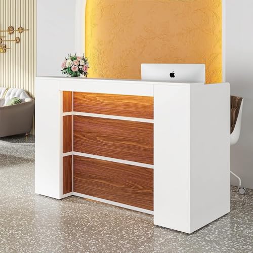 Image of TEKAVO Elite Reception Table for Office, Shop, Clinic, Showroom | Front Desk for Office | White & Brown Wood | 160 x 60 x 110 CM | DIY Assembly