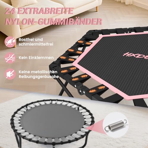 HXD-ERGO Fitness Trampolin Mit Verstellbaren Griffen, Klappbar Jumping Minitrampolin für Erwachsene, Durchmesser 106 cm, Schwarz und Pink