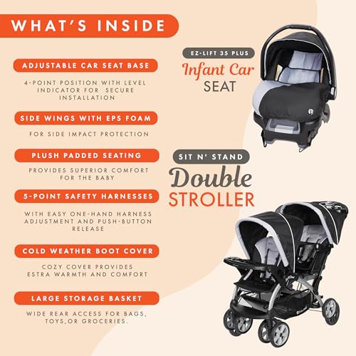 Image of Baby Trend Infant and Toddler Double Stroller & 2 Car Seat Combo, 3 Pc Set, Stormy - Portable and Lightweight Stroller Duo and Car Seat Travel System Tandem