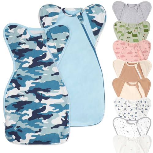 Image of Premium Soft Cotton Swaddle Blanket Sleep Sack with Arms Up Design 2 Packs, Hands Up 3-Way Transitions to Arms-Free Wearable Sleeping Sack Bag for Newborn Baby Boys Girls Snug Fit Calms Startle Reflex
