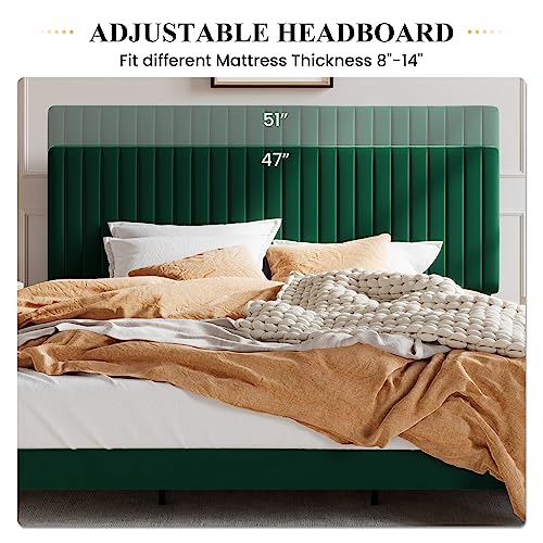 Image of SHA CERLIN King Upholstered Platform Bed Frame with Vertical Channel Tufted Velvet Fabric Adjustable Headboard, Wooden Slats Support, Mattress Foundation, Box Spring Optional, Green