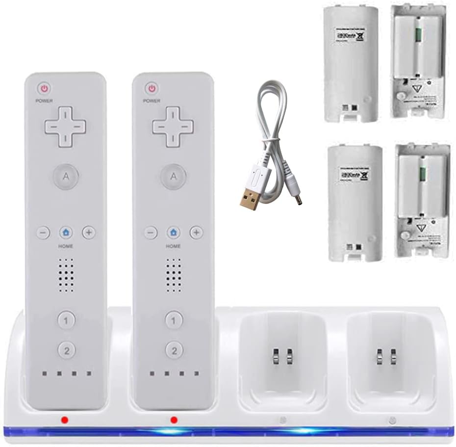 4 in 1 Charging Dock for Wii/Wii U 4 Port Charging Station with 4 Rechargeable 2800 mAh Battery Pack USB USB Charge Cable Replacement for Wii/Wii U Remote Controller,Remote Not Included