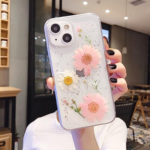 Coque iPhone 15 antichoc transparente avec fleur séchée rose et silicone brillant