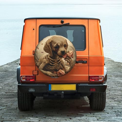 Image of Puppy Skeleton Spare Tire Cover, Universal Wheel Tire Cover Funny Skull Skeleton Tire Protectors for Trailer RV SUV Truck Camper 15 Inch
