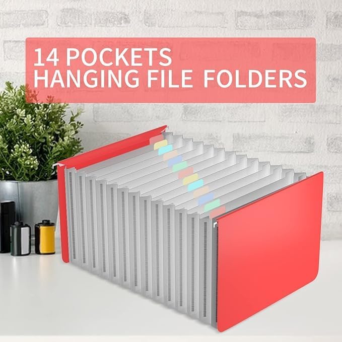 TOPCJ Plastic Expanding Hanging File Folders,12 Expandable Pockets,Multi Color Tabs,Hanging Folders for Filing Cabinet Letter Size,Office Supplies Manilla File Folders 8.5 X 11,Red image 5
