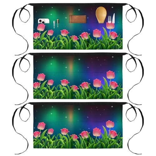 Demi-tablier avec 3 poches motif tulipe rose élégant pour le travail de cuisine