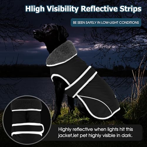Image of Dogcheer Dog Coat, Waterproof Dog Jacket Reflective Pet Winter Coat with Adjustable Hook & Loop, Christmas Puppy Fleece Jacket Warm Turtleneck Snowsuit for Small Medium Large Dogs - Black, L