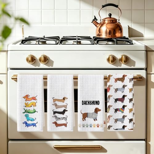 Image of Hanamiya Na 4 Pcs Cute Dachshund Kitchen Towels 24x14 Inch, Dachshund Gifts Reusable Dish Towels for Kitchen Bathroom Decor, Waffle Weave Absorbent Tea Towel, Weiner Dog Gifts for Women Mom Friend