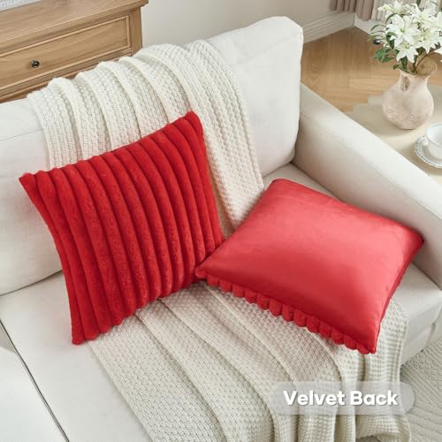 FUTEI Red Striped Decorative Throw Pillow Covers 16x16 Inch Set of 2,Square Fall Decorations Couch Pillow Case,Soft Cozy Faux Rabbit Fur & Velvet Back,Modern Home Decor for Bed