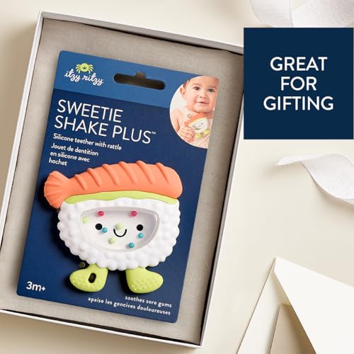 Image of Itzy Ritzy Silicone Rattle Teether- BPA-Free Silicone Teether with Rattle for Babies & Toddlers - Features a Gentle Rattle Sound, Colorful Beads & Multiple Textures (Sushi)