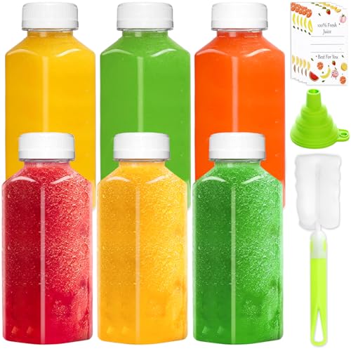 ztarraum Plastic Juice Bottles, Reusable Juice Containers with White Tamper Proof Lids, Brush, Funnel and Labels, Clear Juice Containers for Juicing, Smoothie and Homemade Beverages (6PCS 12oz)