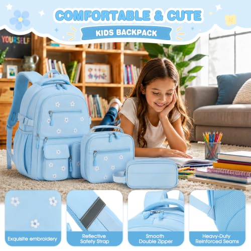 Image of DIGOBAY Backpack for Girls 6-8, 3PCS Embroidery Toddler Girls Backpack with Lunch Bag Pencil Case, 15.7 inch Kids School Bookbag for Preschool Kindergarten Elementary Daycare Backpacks, BLue Flower