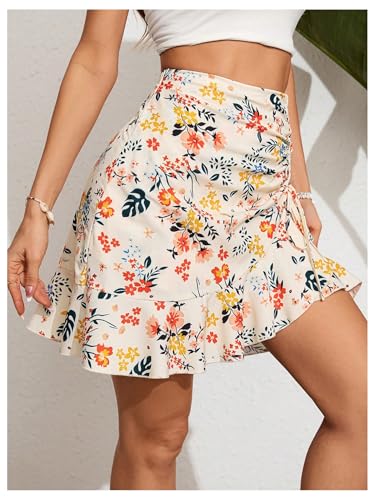 WDIRARA Women's Boho Floral Mini Skirts Ruched Ruffle Hem Drawstring High Waist Short Skirt4