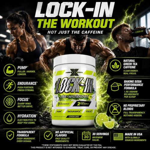 Image of Lock-In Pre Workout Powder with Baking Soda, Lemon Lime Flavor, 30 Servings