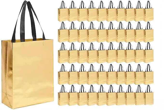 Evafly Gift Bags Reusable Non-Woven Shiny Metallic Laminated, Golden, Medium Pack of 50, casual