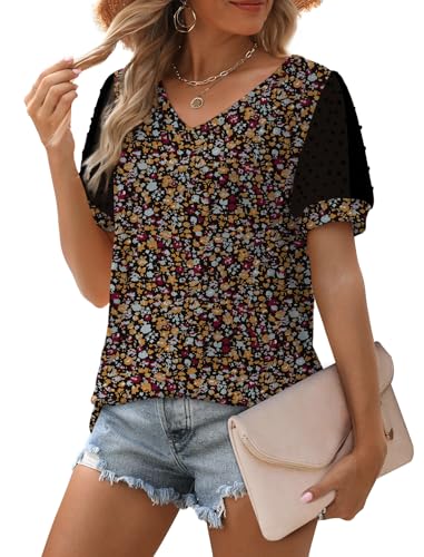 Image of Aokosor Womens Summer Tops V Neck T Shirts Swiss Dot Puff Sleeve Tops Loose Casual Tshirts
