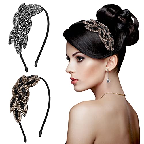 Sibba 2-Piece 1920s Art Deco Headband Set for Women Rhinestone Crystal Lace Bridal Hair Accessories with Beaded Clips - Image 2