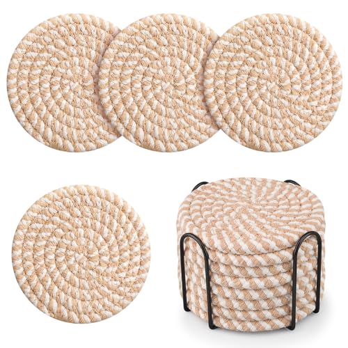 Geichan Lot de 8 dessous de verre absorbants avec support, en coton tissé, pour protection de table, décoration d'intérieur, verres, tasses, bar, cadeau de pendaison de crémaillère
