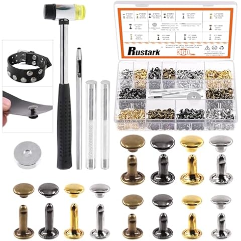 Rustark 360 Sets Leather Rivets Kit 3 Sizes 4 Colors Double Cap Rivet Tubular Metal Studs with Rubber Hammer and Setting Tools Kit for DIY Leather Craft (8x8mm, 8x12mm, 10x10mm) Cover