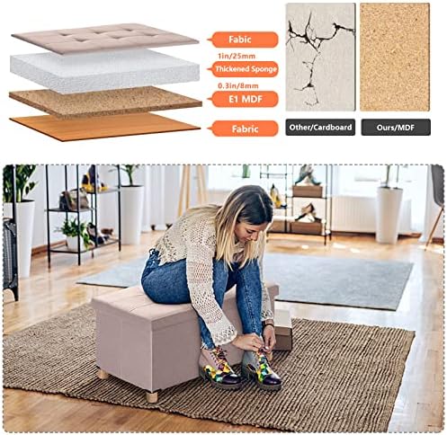 BRIAN & DANY Ottoman Storage Box with 4 Wood Legs, Linen Foot Stool, Footstools for Living Room, Beige, 76 x 38 x 38 cm