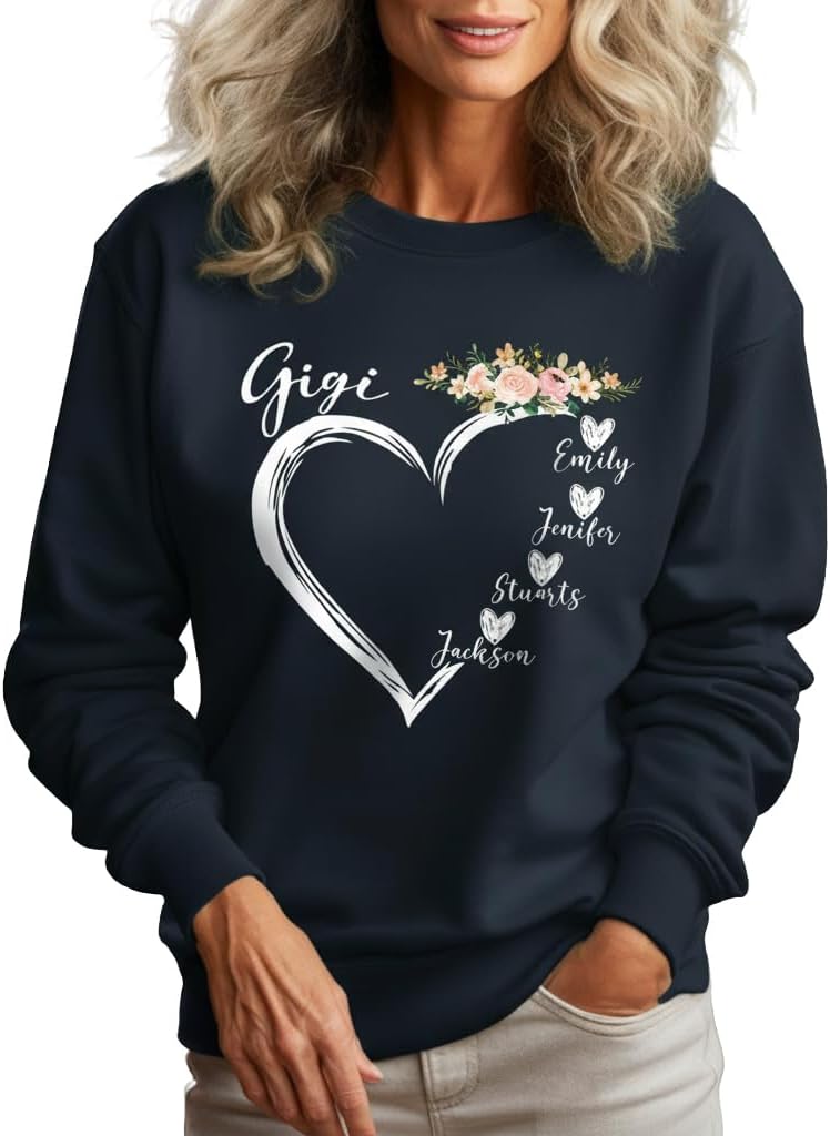 LIISE Custom Nickname Heart Floral Design with Kid's Names Sweatshirt, Gifts for Grandma, Mom on Christmas, Mother's Day