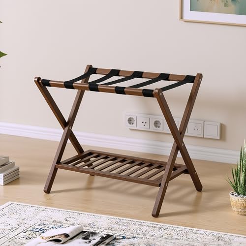 Image of Bamboo Luggage Rack with Shoe Shelf Folding Suitcase Stand with 5 Heavy-Duty Straps for Guest Room Living Room Hotel Ideal Luggage Holder for Suitcases Bags Shoes,Walnut Brown