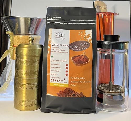 Image of Bluhills Mellow Medley - Blend of Pure Arabica & Robusta Coffee, 500g, Wayanad Robusta & Arabica blend, freshly roasted and ground for a perfect filter coffee, stove top, or drip brew