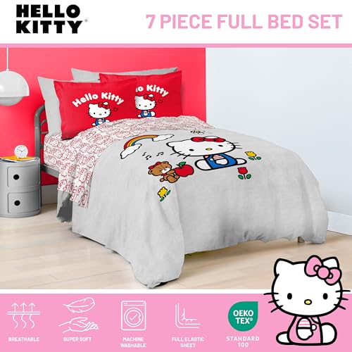 Image of Sanrio Hello Kitty Full Comforter Set 7 Piece Bedding for Girls, Grey | Bed in a Bag, Comforter Sheets Shams Pillowcases, Official Product, Soft Microfiber, Machine Washable, Girls Gift